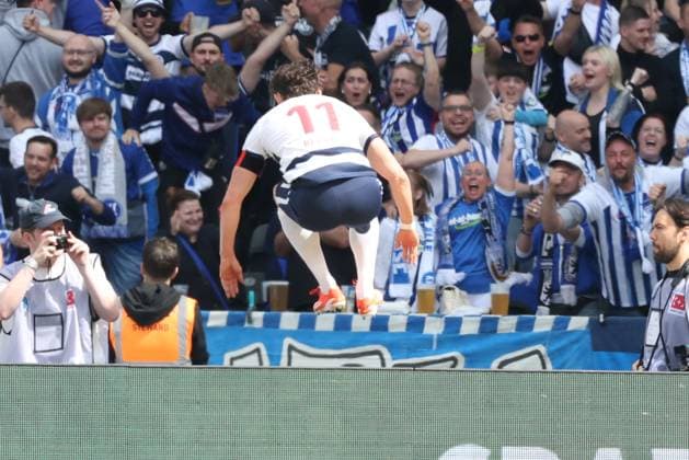 DEU, DFL, 2. FBL, Hertha BSC vs. 1.FC Kaiserslautern, 11.05.2024, Berliner Olympiastadion, Berlin, DEU, DFL, 2. FBL, Hertha BSC vs. 1.FC Kaiserslautern, im Bild 3:1 durch Fabian Reese (Hertha BSC Berlin 11), DFL - regulations prohibit any use of Photographs as image sequences and or quasi-video Foto: Juergen Engler nordphoto GmbH