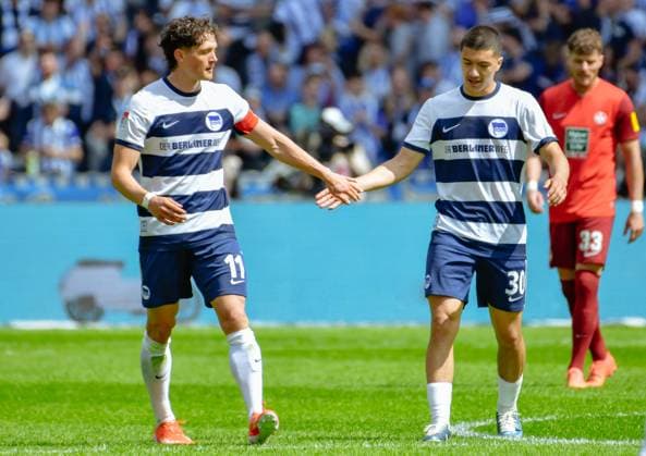 11.05.2024, xlakx, Fussball 2.Bundesliga, Hertha BSC Berlin - 1.FC Kaiserslautern emspor, v.l. Fabian Reese (Hertha BSC 11),Ibrahim Maza (Hertha BSC 30),klatschen gemeinsam mit den Haenden ab (DFL DFB REGULATIONS PROHIBIT ANY USE OF PHOTOGRAPHS as IMAGE SEQUENCES and or QUASI-VIDEO) Daniel Lakomski Jan Huebner Berlin