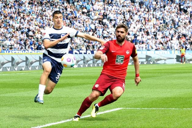 DEU, DFL, 2. FBL, Hertha BSC vs. 1.FC Kaiserslautern, 11.05.2024, Berliner Olympiastadion, Berlin, DEU, DFL, 2. FBL, Hertha BSC vs. 1.FC Kaiserslautern, im Bild Ibrahim Maza (Hertha BSC Berlin 30), Nikola Soldo (1.FC Kaiserslautern 14) DFL - regulations prohibit any use of Photographs as image sequences and or quasi-video Foto: Juergen Engler nordphoto GmbH