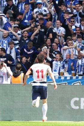 DEU, DFL, 2. FBL, Hertha BSC vs. 1.FC Kaiserslautern, 11.05.2024, Berliner Olympiastadion, Berlin, DEU, DFL, 2. FBL, Hertha BSC vs. 1.FC Kaiserslautern, im Bild 3:1 durch Fabian Reese (Hertha BSC Berlin 11), Hertha-BSC Fans, Zuschauer, Besucher, Fans DFL - regulations prohibit any use of Photographs as image sequences and or quasi-video Foto: Juergen Engler nordphoto GmbH
