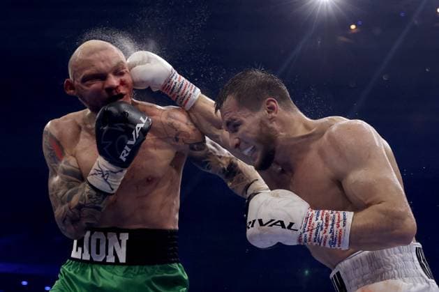 Bilder des Jahres 2024, Sport 05 Mai Sport Themen der Woche KW19 BOXING KAMBOSOS LOMACHENKO, Imam Khataev of Russia lands a punch on Ricards Bolotniks of Latvia in action during their Catchweight fightat RAC Arena in Perth, Sunday, May 11, 2024. ( NO ARCHIVING, EDITORIAL USE ONLY, NO USE IN BOOKS WITHOUT CONSENT PERTH WESTERN AUSTRALIA AUSTRALIA WA  Copyright: xRICHARDxWAINWRIGHTx 20240512123031565083