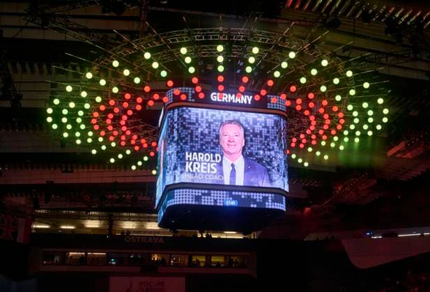 Ostrava Arena inside Harold Kreis DEB National coach of Germany, headcoach, team manager, Bundestrainer, presentation in the preliminary round match GERMANY - USA 1-6 of the IIHF Ice hockey, Eishockey World Championship, WM, Weltmeisterschaft Group B in Ostrava, Czechia, May 11, 2024, Season 2023 2024
