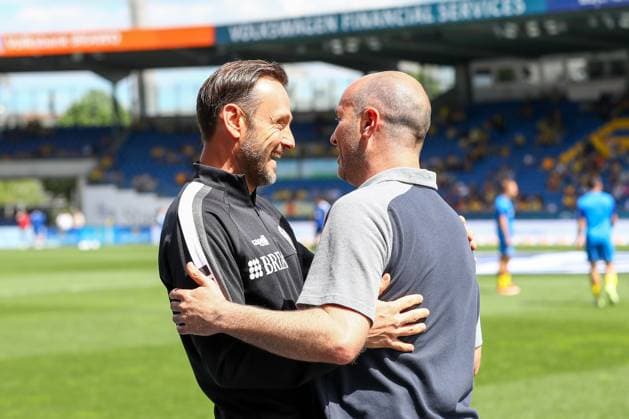 12.05.2024, xtgx, Fussball - 2.Bundesliga, Eintracht Braunschweig - SV Wehen Wiesbaden emspor, v.l. Nils Doering (Wiesbaden, Trainer), Daniel Scherning (Braunschweig, Trainer) (DFL DFB REGULATIONS PROHIBIT ANY USE OF PHOTOGRAPHS as IMAGE SEQUENCES and or QUASI-VIDEO) Braunschweig