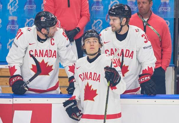 Connor Bedard CAN 98 John Tavares CAN 91 Brandon Hagel CAN 38 in the preliminary round match DENMARK - CANADA of the IIHF Ice hockey, Eishockey World Championship, WM, Weltmeisterschaft Group A in Prague, Czechia, May 12, 2024, Season 2023 2024