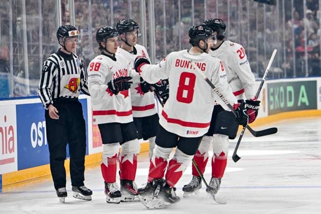 PRAGUE, CZECH REPUBLIC - MAY 12: Connor Bedard of Canada (L) celebrate his goal during the preliminary round match between Denmark and Canada at Prague Arena on May 12, 2024 in Prague, Czech Republic. Prague Prague Arena Czech Republic Copyright: xJustPictures.ch AndreaxBrancax jp-en-EuSpIm-AB_12052024_AAB_0284