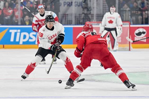 PRAGUE, CZECH REPUBLIC - MAY 12: Connor Bedard of Canada battles for the puck during the preliminary round match between Denmark and Canada at Prague Arena on May 12, 2024 in Prague, Czech Republic. Prague Prague Arena Czech Republic Copyright: xJustPictures.ch AndreaxBrancax jp-en-EuSpIm-AB_12052024_AAB_0515