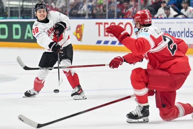 PRAGUE, CZECH REPUBLIC - MAY 12: Connor Bedard of Canada shoots the puck during the preliminary round match between Denmark and Canada at Prague Arena on May 12, 2024 in Prague, Czech Republic. Prague Prague Arena Czech Republic Copyright: xJustPictures.ch AndreaxBrancax jp-en-EuSpIm-AB_12052024_AAB_0912
