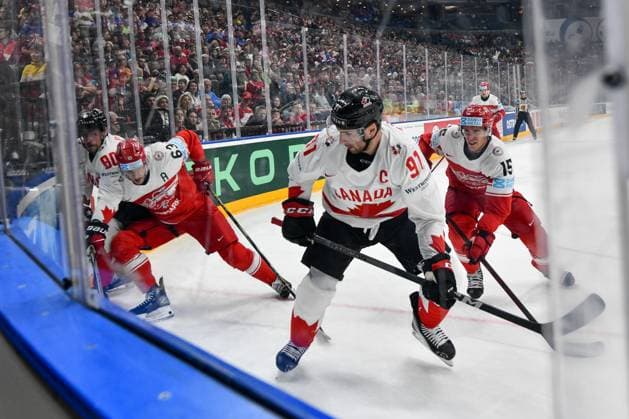 PRAGUE, CZECH REPUBLIC - MAY 12: Pierre-Luc Dubois of Canada (L) and John Tavares of Canada (R) battle for the puck against Patrick Russell of Denmark (L) and Matias Lassen of Denmark (R) during the preliminary round match between Denmark and Canada at Prague Arena on May 12, 2024 in Prague, Czech Republic. Prague Prague Arena Czech Republic Copyright: xJustPictures.ch AndreaxBrancax jp-en-EuSpIm-AB_12052024_DSC_8898
