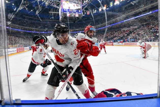 PRAGUE, CZECH REPUBLIC - MAY 12: Nick Paul of Canada battles for the puck against Markus Lauridsen of Denmark during the preliminary round match between Denmark and Canada at Prague Arena on May 12, 2024 in Prague, Czech Republic. Prague Prague Arena Czech Republic Copyright: xJustPictures.ch AndreaxBrancax jp-en-EuSpIm-AB_12052024_DSC_8964