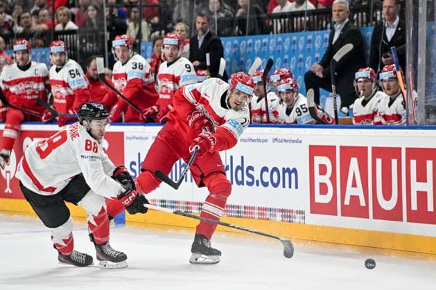 PRAGUE, CZECH REPUBLIC - MAY 12: Alexander True of Denmark shoots the puck during the preliminary round match between Denmark and Canada at Prague Arena on May 12, 2024 in Prague, Czech Republic. Prague Prague Arena Czech Republic Copyright: xJustPictures.ch AndreaxBrancax jp-en-EuSpIm-AB_12052024_AAB_1351