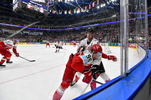 PRAGUE, CZECH REPUBLIC - MAY 12: Damon Severson of Canada fights for the puck with Nick Olesen of Denmark during the preliminary round match between Denmark and Canada at Prague Arena on May 12, 2024 in Prague, Czech Republic. Prague Prague Arena Czech Republic Copyright: xJustPictures.ch AndreaxBrancax jp-en-EuSpIm-AB_12052024_DSC_9102