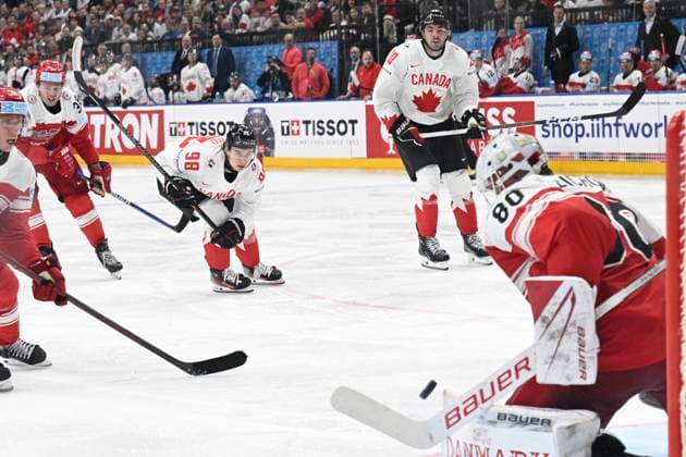 Denmark vs Canada group A match of the 2024 IIHF World Championship, WM, Weltmeisterschaft in Prague, Czech Republic, on May 12, 2024. Third left is Connor Bedard of Canada and at right id goalie of Denmark Frederik Dichow. (CTKxPhoto MichalxKamaryt) CTKPhotoP2024051205343  CTKPhotoP2024051205343