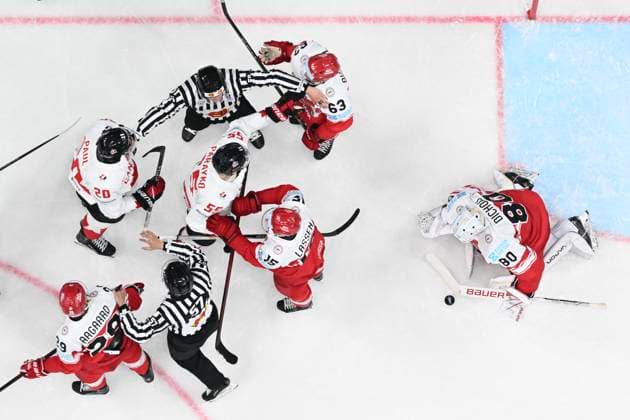 Denmark vs Canada group A match of the 2024 IIHF World Championship, WM, Weltmeisterschaft in Prague, Czech Republic, on May 12, 2024. From left Mikkel Aagaard of Denmark, Nick Paul of Canada, Colton Parayko of Canada, Matias Lassen of Denmark, Patrick Russell of Denmark, Frederik Dichow of Denmark. (CTKxPhoto MichalxKamaryt) CTKPhotoP2024051205830 CTKPhotoP2024051205830
