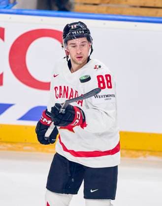 Andrew Mangiapane CAN 88 puck trick, in the preliminary round match DENMARK - CANADA 1-5 of the IIHF Ice hockey, Eishockey World Championship, WM, Weltmeisterschaft Group A in Prague, Czechia, May 12, 2024, Season 2023 2024