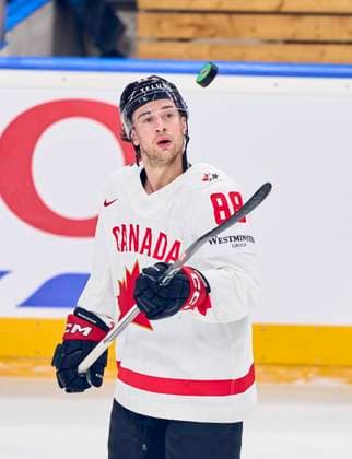 Andrew Mangiapane CAN 88 puck trick, in the preliminary round match DENMARK - CANADA 1-5 of the IIHF Ice hockey, Eishockey World Championship, WM, Weltmeisterschaft Group A in Prague, Czechia, May 12, 2024, Season 2023 2024