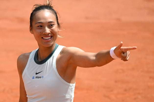 Qinwen Zheng of China celebrates at the end of the match against Naomi Osaka of Japan at the Internazionali BNL d Italia 2024 tennis tournament at Foro Italico in Rome, Italy on May 13, 2024. Qinwen Zheng defeated Naomi Osaka 6-2, 6-4. antoniettaxbaldassarre