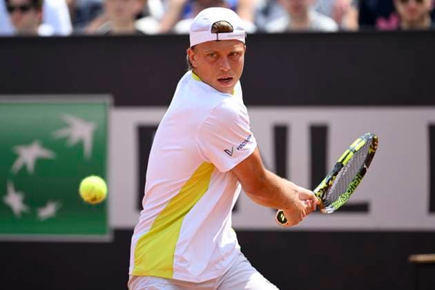 Alexandre Muller of France in action during the match against Andrey Rublev of Russia at the Internazionali BNL d Italia 2024 tennis tournament at Foro Italico in Rome, Italy on May 13, 2024. antoniettaxbaldassarre
