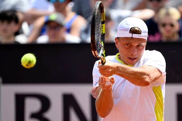 Alexandre Muller of France in action during the match against Andrey Rublev of Russia at the Internazionali BNL d Italia 2024 tennis tournament at Foro Italico in Rome, Italy on May 13, 2024. antoniettaxbaldassarre