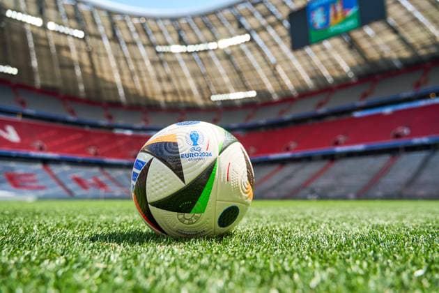 Munich, Bavaria, Germany - 13 May 2024: Symbolic image, EURO 2024 official soccer match ball from sports supplier Adidas on the pitch of the Allianz Arena in Munich. European Football Championship 2024