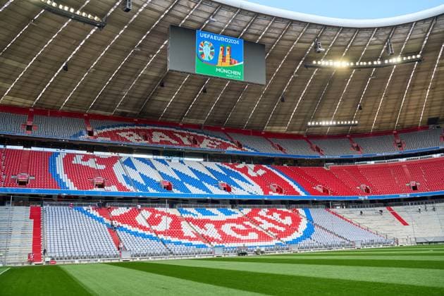 Munich, Bavaria, Germany - May 13, 2024: FC Bayern Munich s soccer stadium, the Allianz Arena. Without people. Opening match of the European Football Championship 2024 takes place here