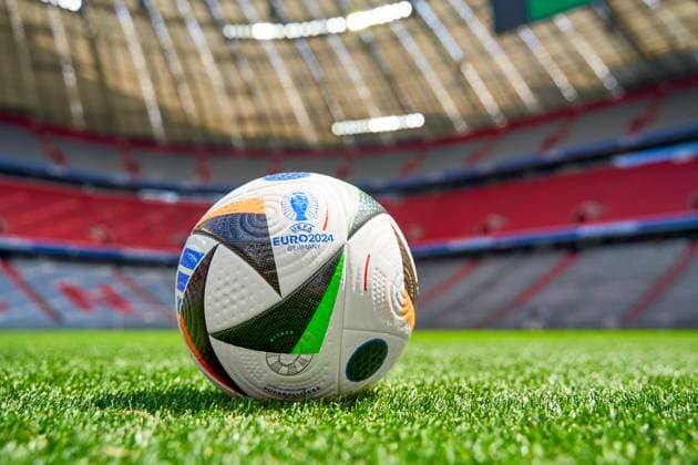 Munich, Bavaria, Germany - 13 May 2024: Theme picture UEFA EURO, EM, Europameisterschaft,Fussball 2024: Match ball for the European Football Championship on the pitch in the Allianz Arena in Munich