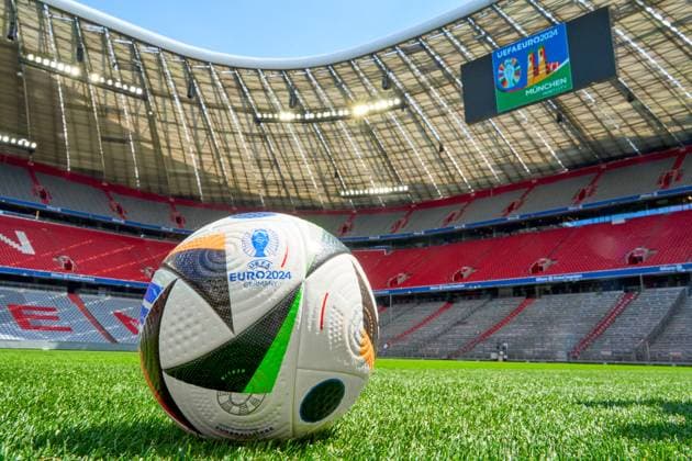 Munich, Bavaria, Germany - 13 May 2024: Theme picture UEFA EURO, EM, Europameisterschaft,Fussball 2024: Match ball for the European Football Championship on the pitch in the Allianz Arena in Munich