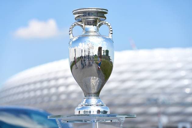 Munich, Bavaria, Germany - May 13, 2024: The winner s trophy of the European Football Championship, Henri Delaunay Cup of UEFA EURO, EM, Europameisterschaft,Fussball 2024 in front of the Allianz Arena in Munich