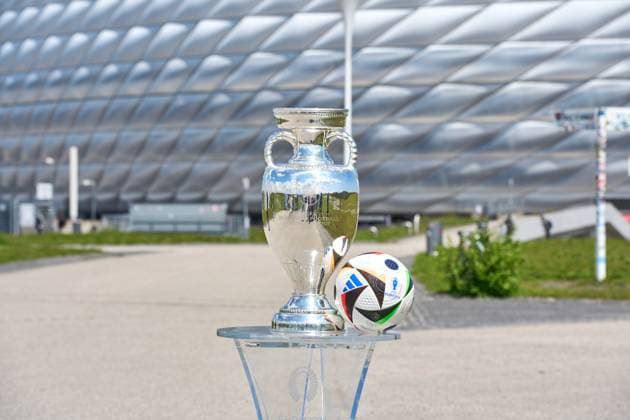 Munich, Bavaria, Germany - May 13, 2024: The winner s trophy of the European Football Championship, Henri Delaunay Cup of UEFA EURO, EM, Europameisterschaft,Fussball 2024 in front of the Allianz Arena in Munich