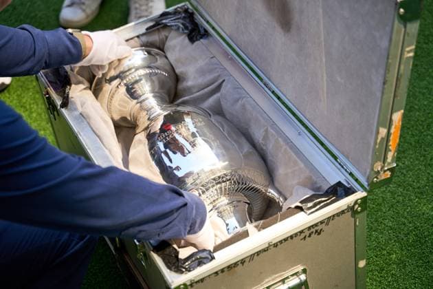 Munich, Bavaria, Germany - May 13, 2024: The winner s trophy of the European Football Championship, Henri Delaunay Cup of UEFA EURO, EM, Europameisterschaft,Fussball 2024 is unpacked in the Allianz Arena