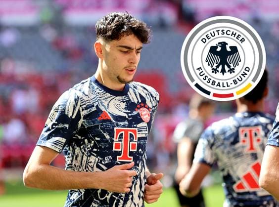 Frankfurt, Deutschland 13. Mai 2024: Fussball, Herren, DFB, Nationalmannschaft, Saison 2023 2024 ! Achtung Fotomontage ! Hier im Bild Aleksandar Pavlovic (FC Bayern München) der laut Berichten von Julian Nagelsmann, Bundestrainer, Deutsche Fussballnationalmannschaft für den Kader der EM 2024 nominiert worden sein sollte, rechts das Logo des DFB