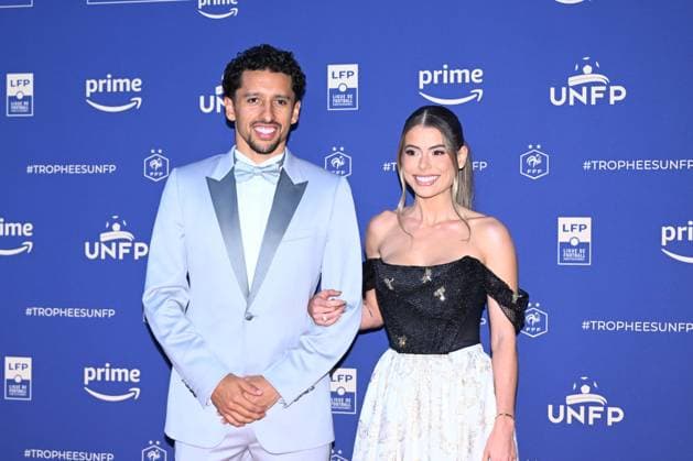 Marquinhos ( PSG ) and his wife attend the UNFP Trophy Awards 2024 at Pavillon d Armenonville on May 13, 2024 in Paris, France. ( Photo by federico pestellini panoramic ) - FOOTBALL : Tapis rouge des Trophees UNFP - Paris - 13 05 2024 FedericoPestellini Panoramic 
