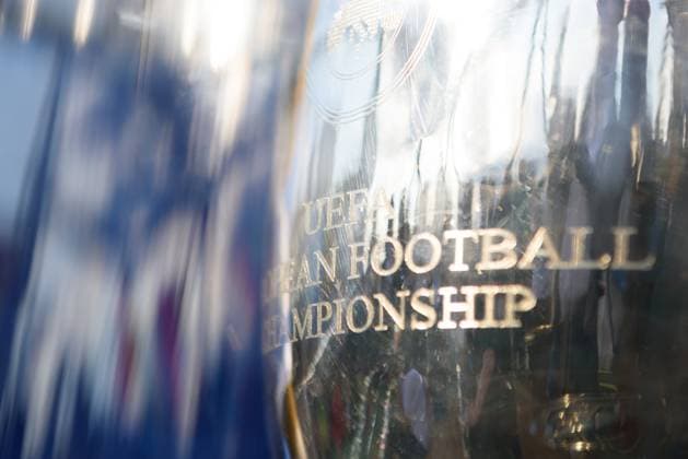 Munich, Germany, May 13th 2024: Close-up of the engraving of the UEFA European Championship, EM, Europameisterschaft trophy during the UEFA EURO, EM, Europameisterschaft,Fussball 24 Trophy Tour at Bellevue di Monaco, Munich, Germany. (Sven Beyrich SPP)  Copyright: xSvenxBeyrich SPPx spp-en-SvBe-20240513-D75_3690
