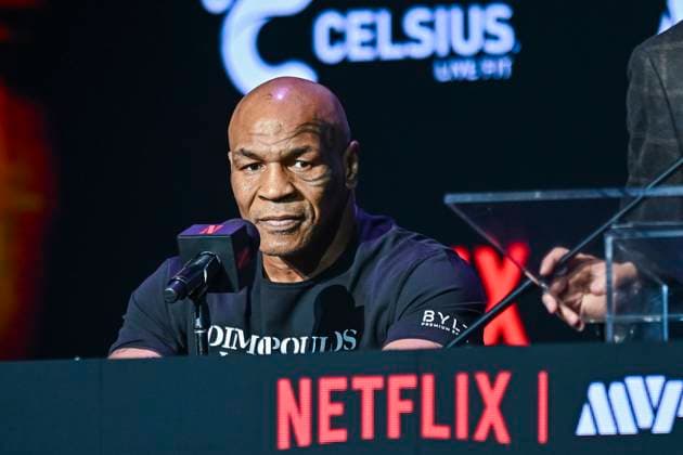 Mike Tyson speaks onstage at the press conference, PK, Pressekonferenz in promotion for the upcoming Jake Paul vs. Mike Tyson boxing match at The Apollo Theater on May 13, 2024 in New York City.  NYP20240513903 StevexFerdman