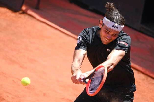 Taylor Fritz of United States of America in action during the match against Grigor Dimitrov of Bulgaria at the Internazionali BNL d Italia 2024 tennis tournament at Foro Italico in Rome, Italy on May 14, 2024. antoniettaxbaldassarre