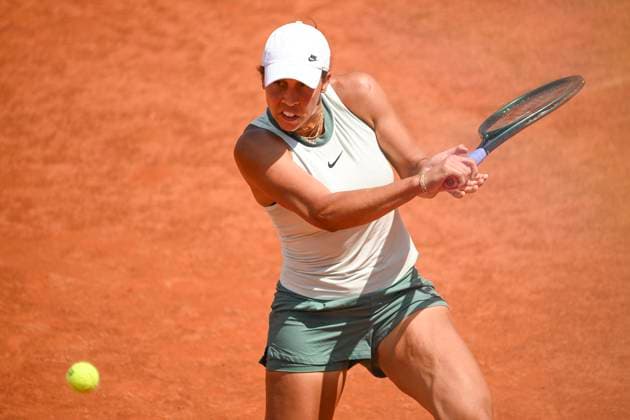 Madison Keys of United States of America in action during the match against Iga Swiatek of Poland at the Internazionali BNL d Italia 2024 tennis tournament at Foro Italico in Rome, Italy on May 14, 2024. Iga Swiatek defeated Madison Keys 6-1, 6-3. antoniettaxbaldassarre
