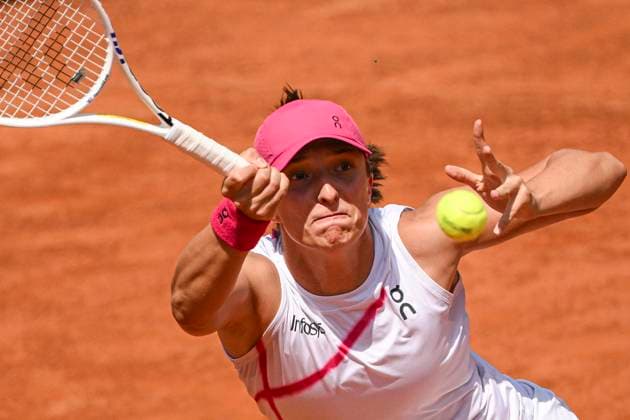 Iga Swiatek of Poland in action during the match against Madison Keys of United States of America at the Internazionali BNL d Italia 2024 tennis tournament at Foro Italico in Rome, Italy on May 14, 2024. Iga Swiatek defeated Madison Keys 6-1, 6-3. antoniettaxbaldassarre