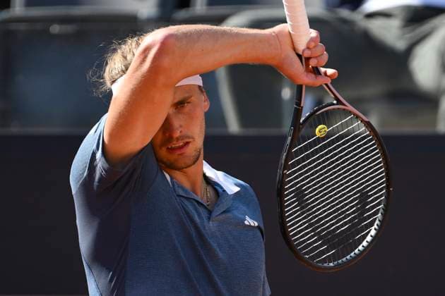 Alexander Zverev of Germany reacts during the match against Nuno Borges of Portugal at the Internazionali BNL d Italia 2024 tennis tournament at Foro Italico in Rome, Italy on May 14, 2024. Alexander Zverev defeated Nuno Borges 6-2, 7-5. antoniettaxbaldassarre