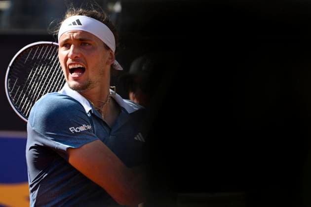 Alexander Zverev of Germany in action during the match against Nuno Borges of Portugal at the Internazionali BNL d Italia 2024 tennis tournament at Foro Italico in Rome, Italy on May 14, 2024. Alexander Zverev defeated Nuno Borges 6-2, 7-5. antoniettaxbaldassarre