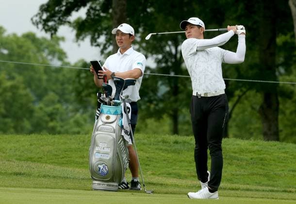 Keita Nakajima, from Japan, hits an approach shot onto the tenth green during the second practice day for the 2024 PGA, Golf Herren Championship at Valhalla Golf Course on Tuesday, May 14, 2024 in Louisville, Kentucky.  KYP20240514015 JOHNxSOMMERSxII