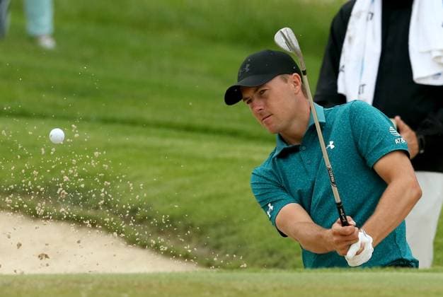 Jordan Spieth from England chips onto the eleventh green during the second practice day for the 2024 PGA, Golf Herren Championship at Valhalla Golf Course on Tuesday, May 14, 2024 in Louisville, Kentucky.  KYP20240514023 JOHNxSOMMERSxII