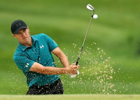 Jordan Spieth from England chips onto the eleventh green during the second practice day for the 2024 PGA, Golf Herren Championship at Valhalla Golf Course on Tuesday, May 14, 2024 in Louisville, Kentucky.  KYP20240514031 JOHNxSOMMERSxII