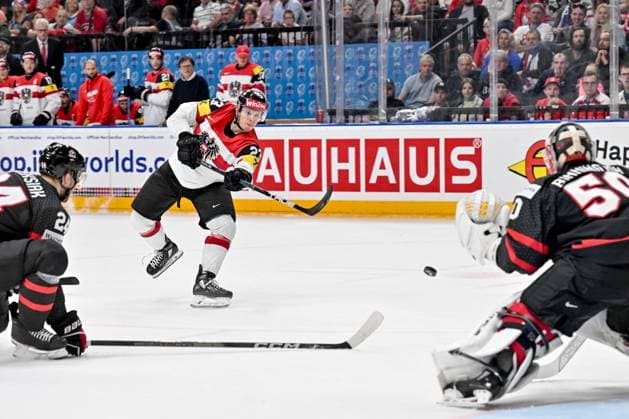 PRAGUE, CZECH REPUBLIC - MAY 14: Marco Rossi of Austria shoots the puck during the preliminary round match between Canada and Austria at Prague Arena on May 14, 2024 in Prague, Czech Republic. Prague Czech Republic Copyright: xJustPictures.ch AndreaxBrancax jp-en-EuSpIm-AB_14052024_AAB_9472