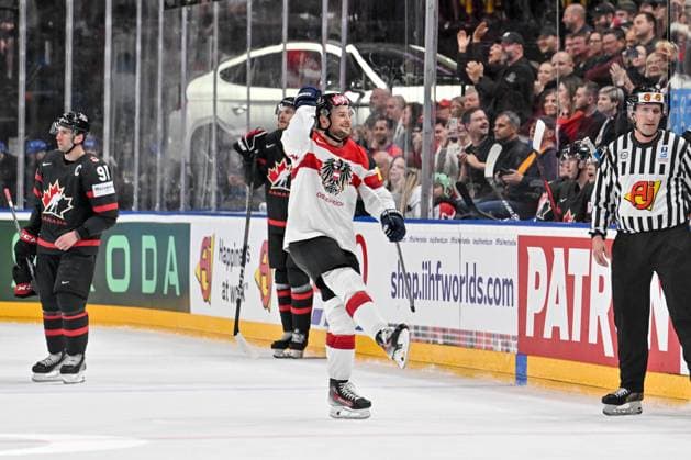 PRAGUE, CZECH REPUBLIC - MAY 14: Dominic Zwerger of Austria celebrate after scoring a goal during the preliminary round match between Canada and Austria at Prague Arena on May 14, 2024 in Prague, Czech Republic. Prague Czech Republic Copyright: xJustPictures.ch AndreaxBrancax jp-en-EuSpIm-AB_14052024_AAB_9824