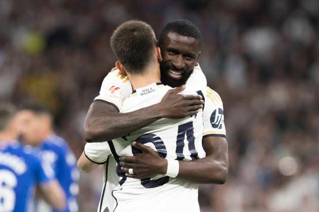 LA LIGA EA Sports - Real Madrid vs Alaves MADRID, SPAIN - MAY 14: Arda Guler of Real Madrid and Antonio Rudiger of Real Madrid celebrates a goal during the La Liga 2023 24 match between Real Madrid and Alaves at Santiago Bernabeu Stadium. (Photo by Guillermo Martinez) Madrid Santiago BernabÃ u Stadium Spain Copyright: xGuillermoxMartinezx