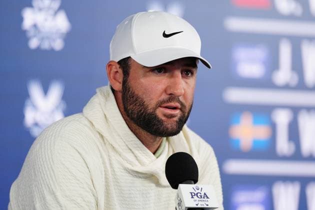 LOUISVILLE, KY - MAY 14: PGA, Golf Herren golfer Scottie Scheffler speaks to the media at a press conference, PK, Pressekonferenz on May 14th at the PGA Championship at Valhalla Golf Club in Louisville, Kentucky. (Photo by Brian Spurlock Icon Sportswire) GOLF: MAY 14 PGA Championship - Practice Round EDITORIAL USE ONLY Icon24051416