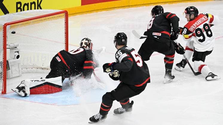 L-R goalkeeper Jordan Binnington (CAN), Colton Parayko (CAN), Michael Bunting (CAN) and scoring Benjamin Baumgartner (AUT) in action during the 2024 IIHF World Championship, WM, Weltmeisterschaft group A, match Canada vs Austria, in Prague, Czech Republic, on May 14, 2024. (CTKxPhoto MichalxKamaryt) CTKPhotoP2024051410369  CTKPhotoP2024051410369