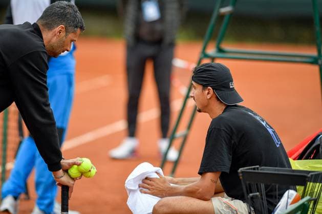 Italy, Turin 14 05 2024 Sporting Press Club (Turin). Challenger 175 Piemonte Open Intesa Sanpaolo Tournament Qualifications Lorenzo Sonego of Italy and Coach Fabio Colangelo during the Challenger 175 Piemonte Open Intesa Sanpaolo Tournament  Copyright: xTonelloxAbozzi IPAxSportx xipa-ax xx IPA_46082227 IPA_Agency_IPA46082227