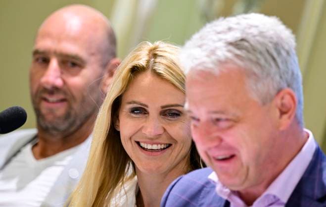 L-R former soccer player Jan Koller, former tennis player Lucie Safarova and general manager of UniCredit Bank Jakub Dusilek attend a press conference, PK, Pressekonferenz for the international men s tennis tournament ATP, Tennis Herren Challenger Tour UniCredit Czech Open, in Prague, Czech Republic, on May 15, 2024. (CTKxPhoto RomanxVondrous) CTKPhotoP2024051503964  CTKPhotoP2024051503964