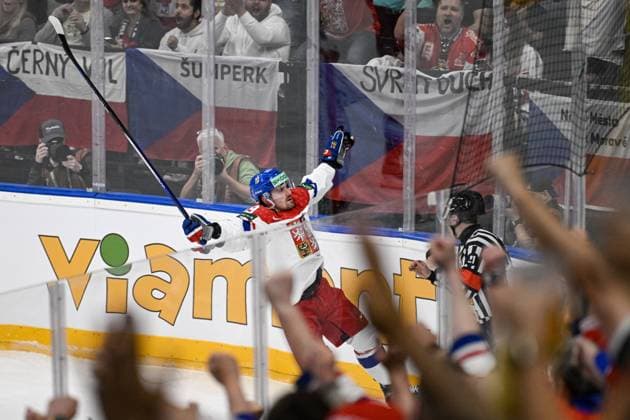 Sport Themen der Woche KW21 Sport Bilder des Tages Czech Republic vs Denmark group A match of the 2024 IIHF World Championship, WM, Weltmeisterschaft in Prague, Czech Republic, on May 15, 2024. Jakub Flek (CZE) celebrates after scoring a goal. (CTKxPhoto VitxSimanek) CTKPhotoP2024051508152  CTKPhotoP2024051508152