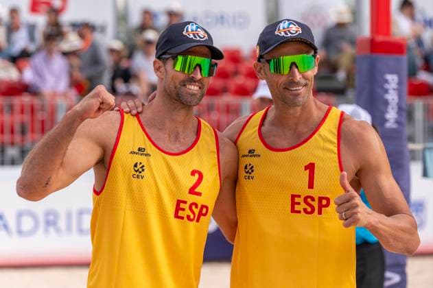 May 15, 2024, Madrid, Madrid, Spain: Spain champions of the CEV BeachVolley NATIONS CUP 2024 (Men).PABLO HERRERA ALLEPUZ (ESP).ADRIoÂN GAVIRA COLLADO (ESP) Madrid Spain - ZUMAc312 20240515_zsp_c312_011 Copyright: xOscarxManuelxSanchezx